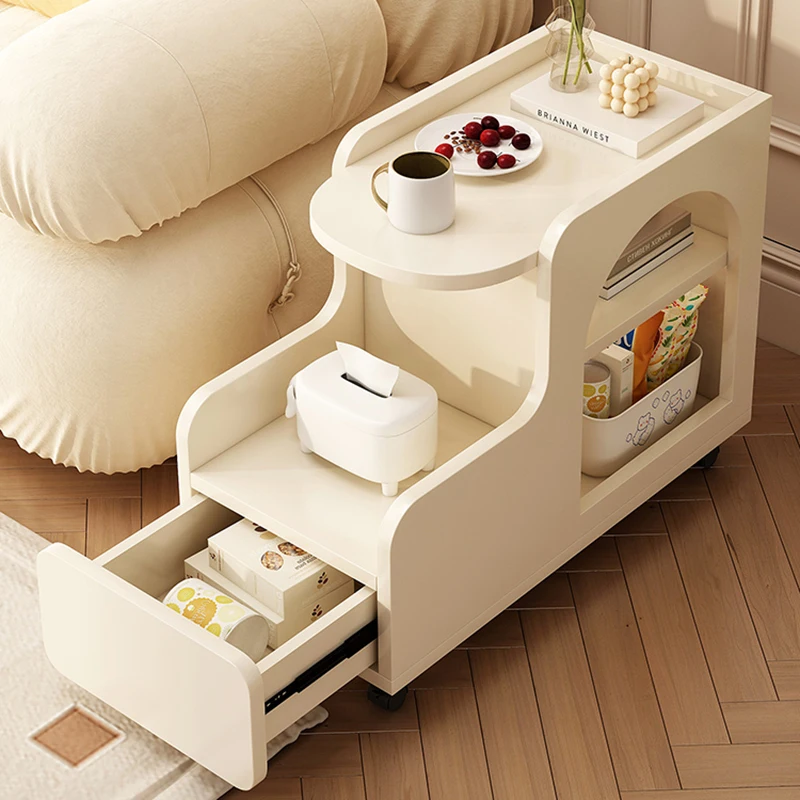 Cream Style Mobile Side Cabinet Small Rolling Decorative Accent Piece Lightweight Table Room Desks Coffee Tabla Madera Furniture