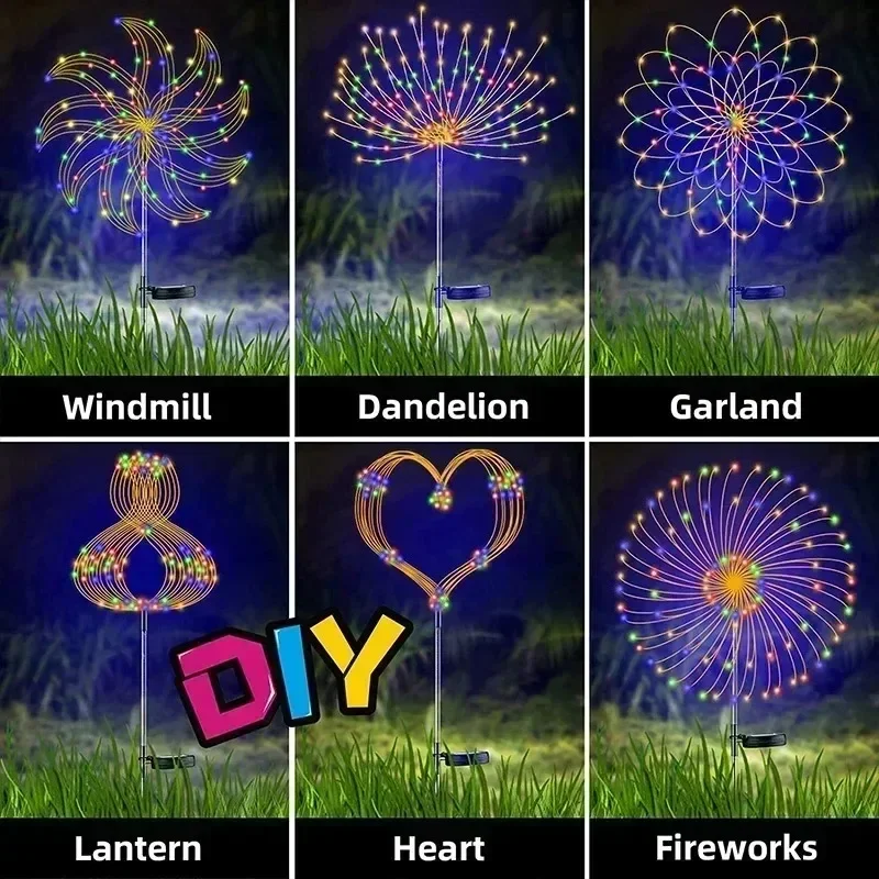 Luces de hadas de fuegos artificiales solares, 60 LED, decoración de jardín al aire libre, 8 modos intermitentes, luces para camino de césped, Patio, fiesta, Navidad, boda