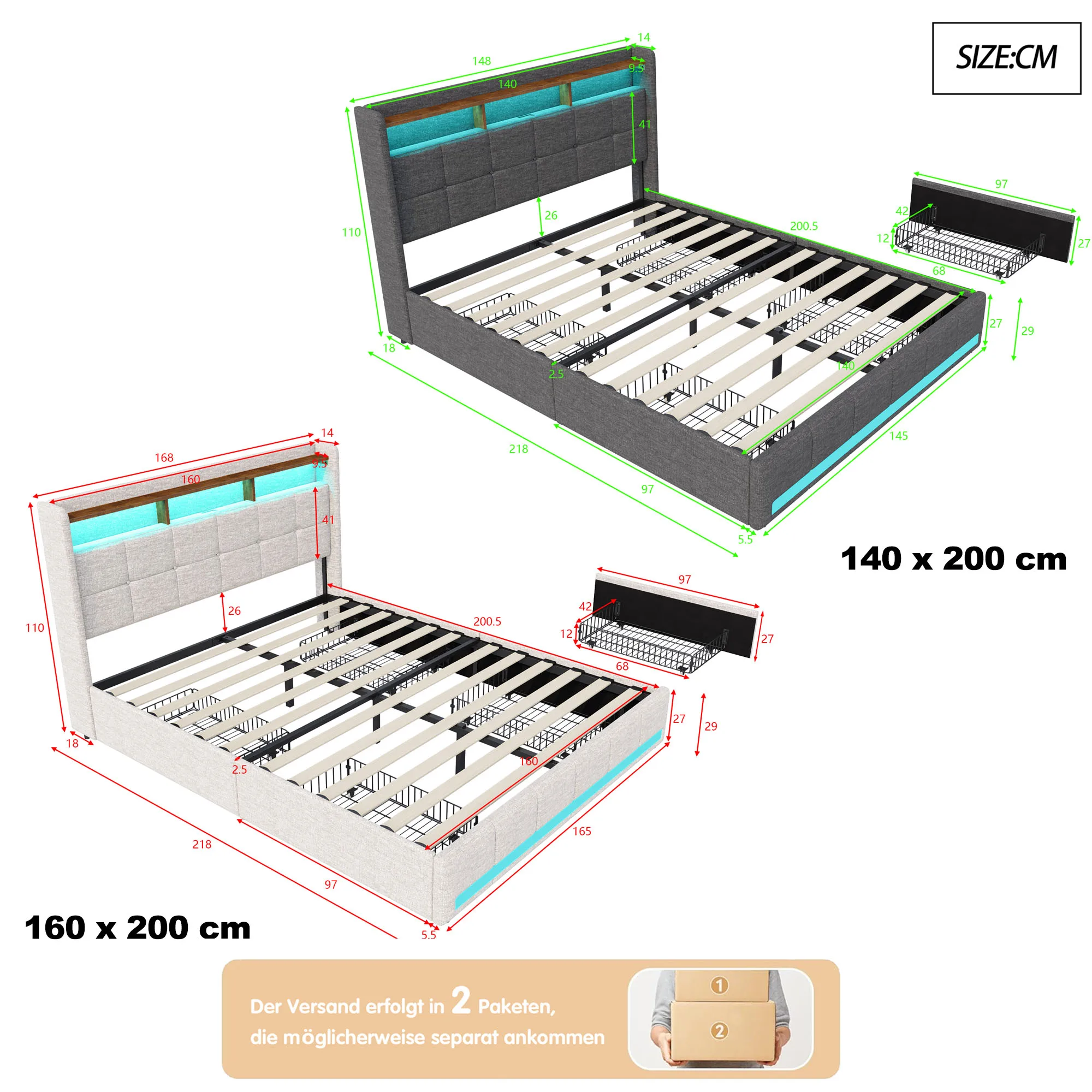 Łóżko tapicerowane lnem Lazyspace, rama łóżka z 4 szufladami do przechowywania, listwą LED i ładowaniem USB typu C