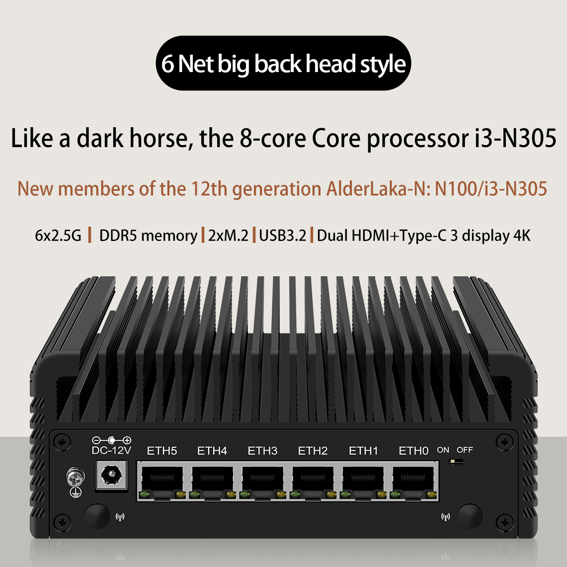 6 LAN 2,5 G Firewall-Router Intel Core 3 N355 N305 N150 N100 i226-V Lüfterloser Mini-PC DDR5 2x NVMe 1xSATA3.0 Typ-C pfSense Proxmox