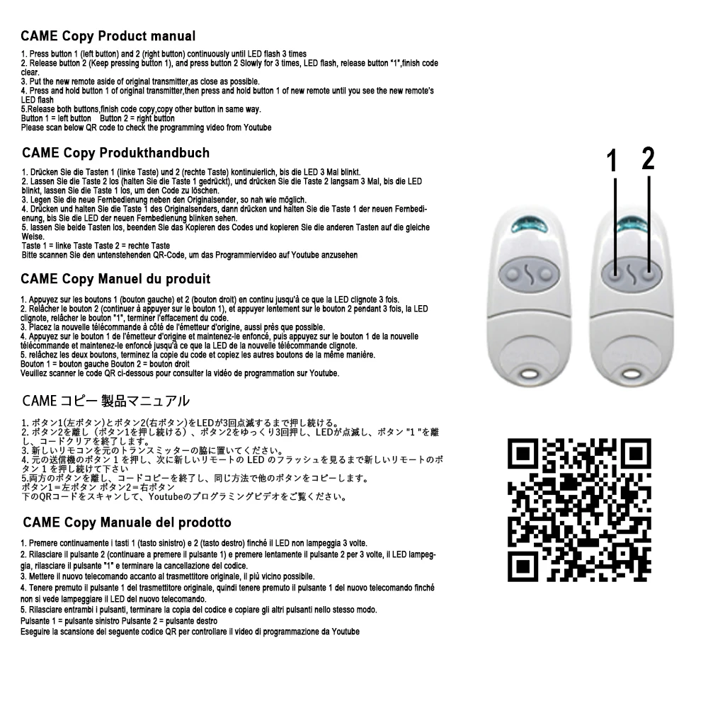 Clon CAME TOP Duplicador de control remoto para puerta de garaje 433,92 MHz Código fijo para modelos 432EE 432EV 432NA 434EE 434EV 434NA