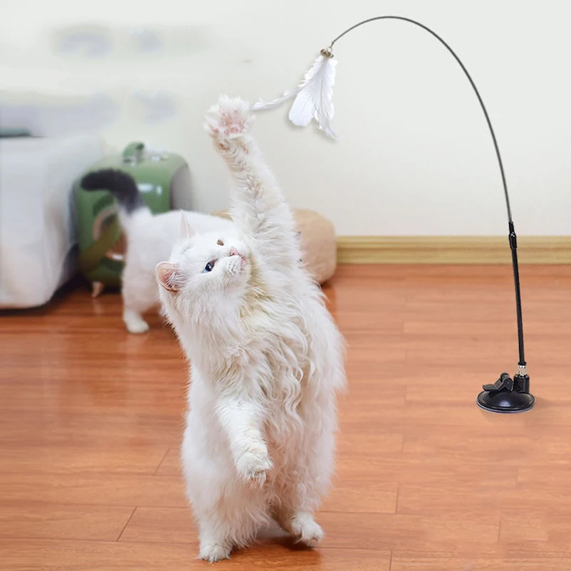 Cat Toy Feather Stick Interactive Toy Super Suction Kitten Toy Cup Removable 2 Feather Replacement Cat Accessories