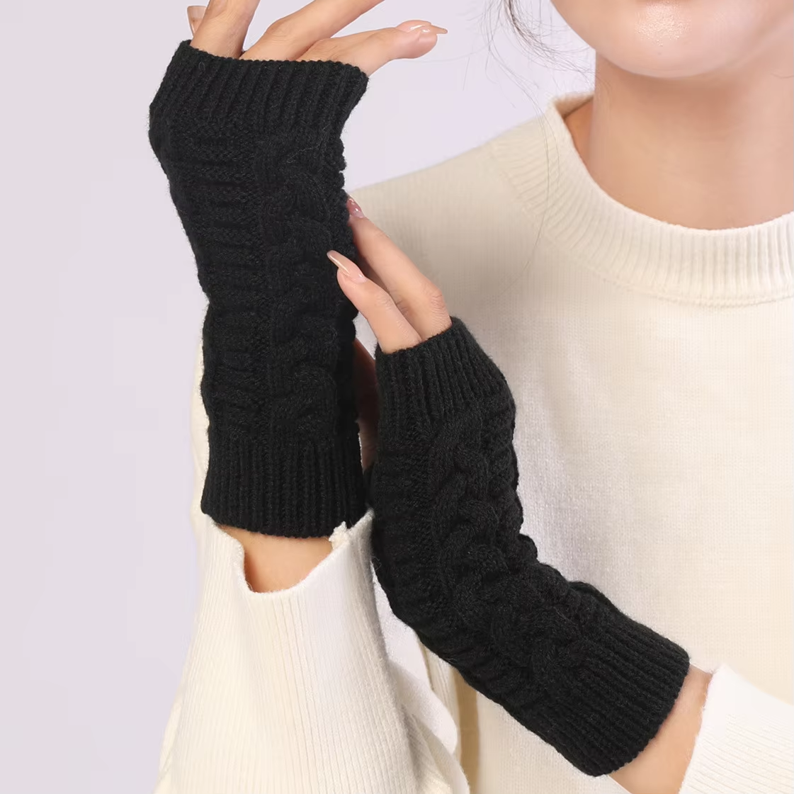 Gants demi-doigts pour femmes, doux et chauds en hiver, gants de bras tricotés en laine, gants noirs et blancs neutres