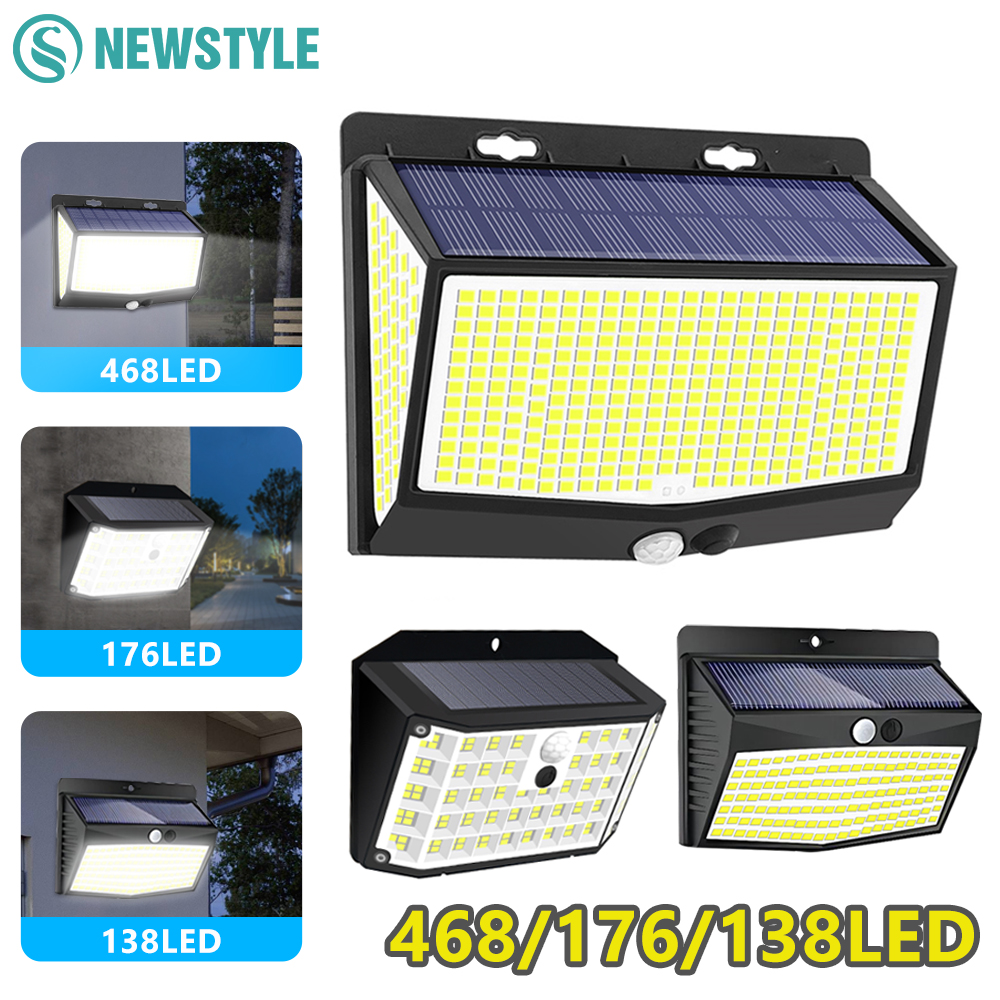 Luces solares de movimiento para exteriores, 468/176LED, 3 modos, luces solares para valla, luces de seguridad solares impermeables, puerta de Patio, paso de garaje