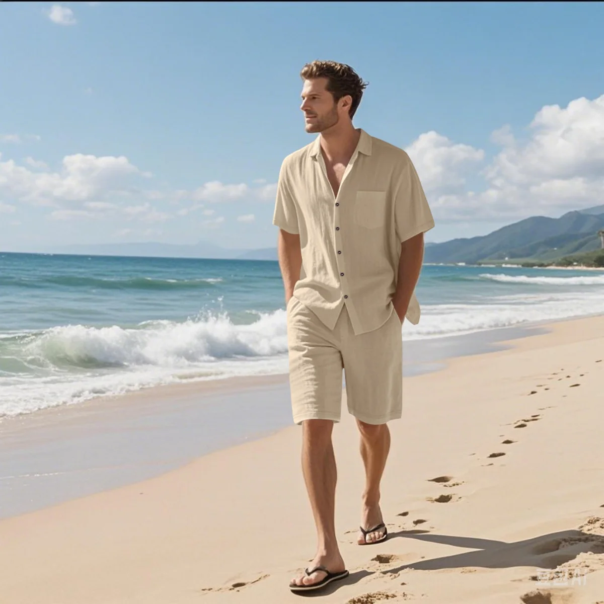 Neues Sommer-Herren-Retro-Hemd-Set aus Baumwolle und Leinen, modisches Strand-Kurzarmhemd und Shorts mit Reversknöpfen und zweiteiligem Set