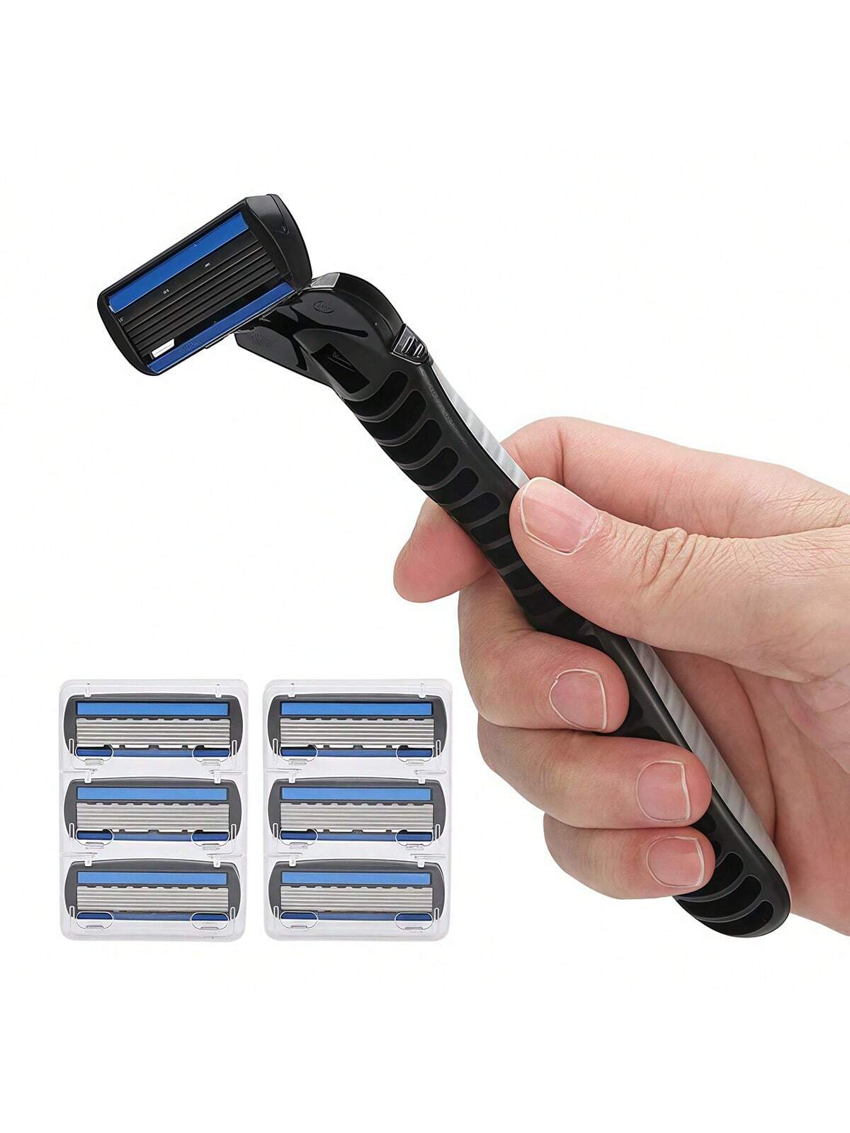 Men's 6-Blade Manual Razor with Non-Slip Handle and Multiple Replacement Blades - Ideal for Trimming Beards and Mustaches
