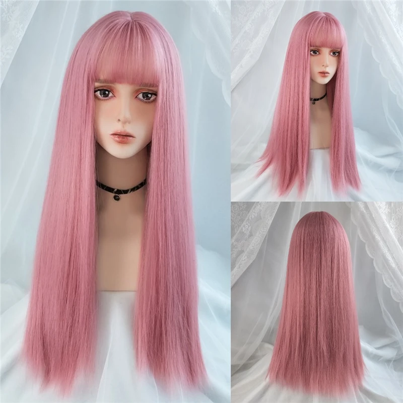 MSIWIGS 女性の合成コスプレロリータウィッグカットバングブルーピンクブロンドレッドロングストレートヘアパーティーレディガール