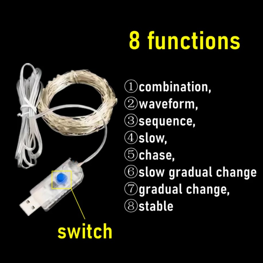 Guirnalda de luces LED de alambre de cobre de 5M/10M/20M, guirnaldas de luces USB de 8 modos, lámparas para festivales, bodas, fiestas, Navidad al aire libre