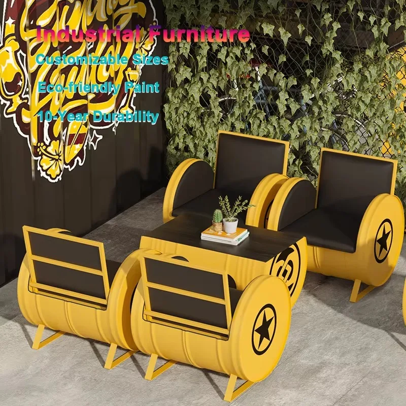 Luxury Vintage Industrial Style Metal Furniture Set for Dining Hotel Includes Oil Drum Table Chair Set Ironwork Bar Sofa Coffee