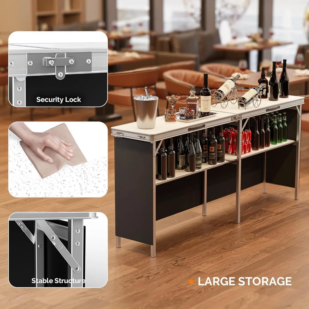 78" Portable Bar Table, 2-Tier Shelves, Mobile Bar Table for Events, Party, Camping, Picnic, Tradeshow, Indoor with Black Skirt