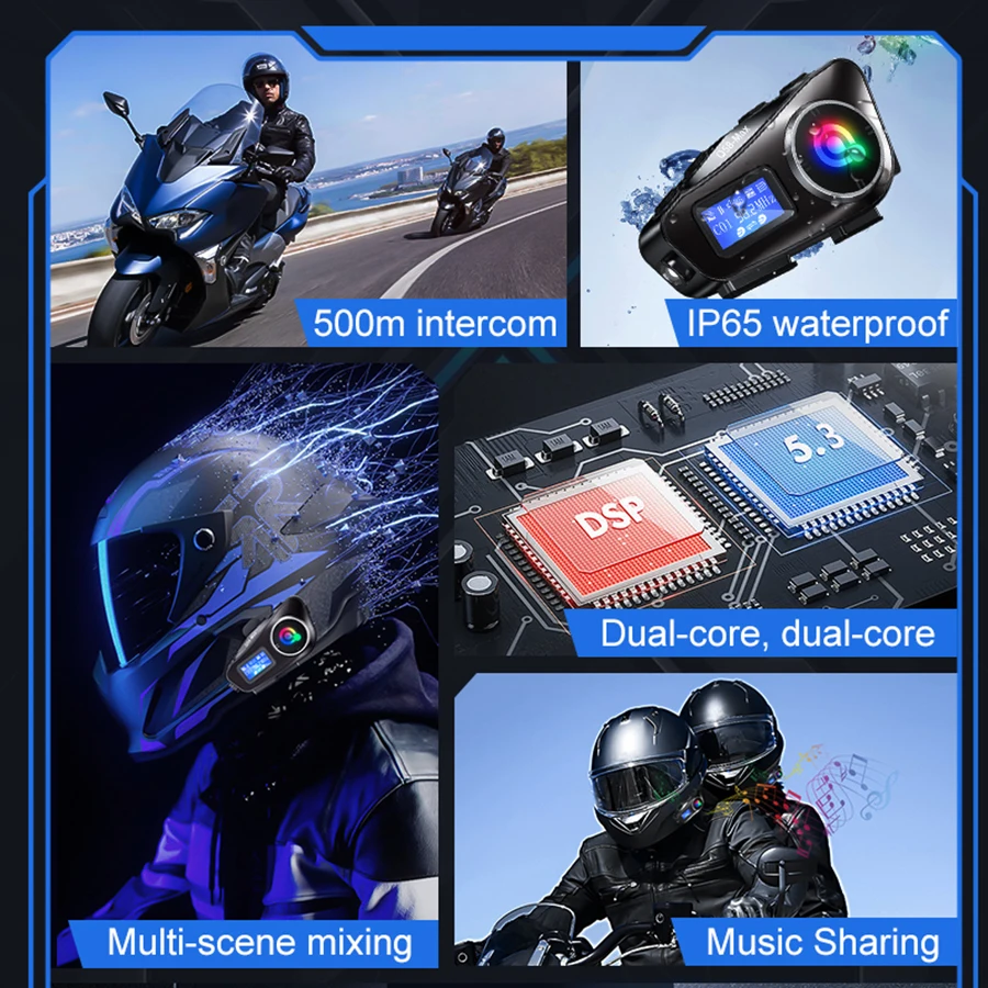 Q58 Max Motocicleta Intercomunicador Headset Capacete À Prova D'água 300M BT Intercomunicador Sem Fio Para 2 Pilotos Música Partilhar Com Lanterna Ecrã LCD Microfone HD Cartão TF