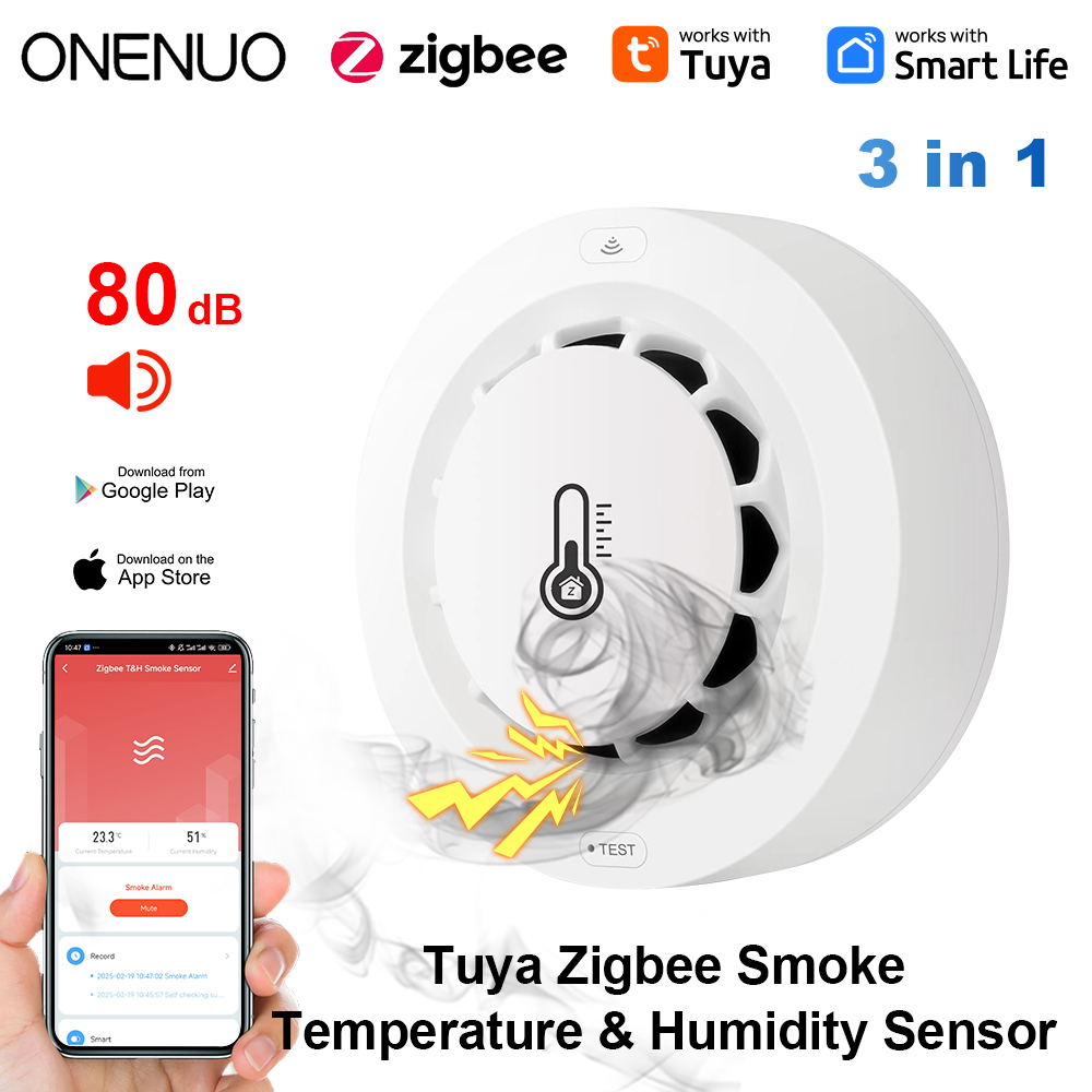 Detector de humo de dos conexiones Tuya Zigbee BT, dispositivo de medición de temperatura y humedad, alarma de sonido de 80dB, función de alerta de empuje remota