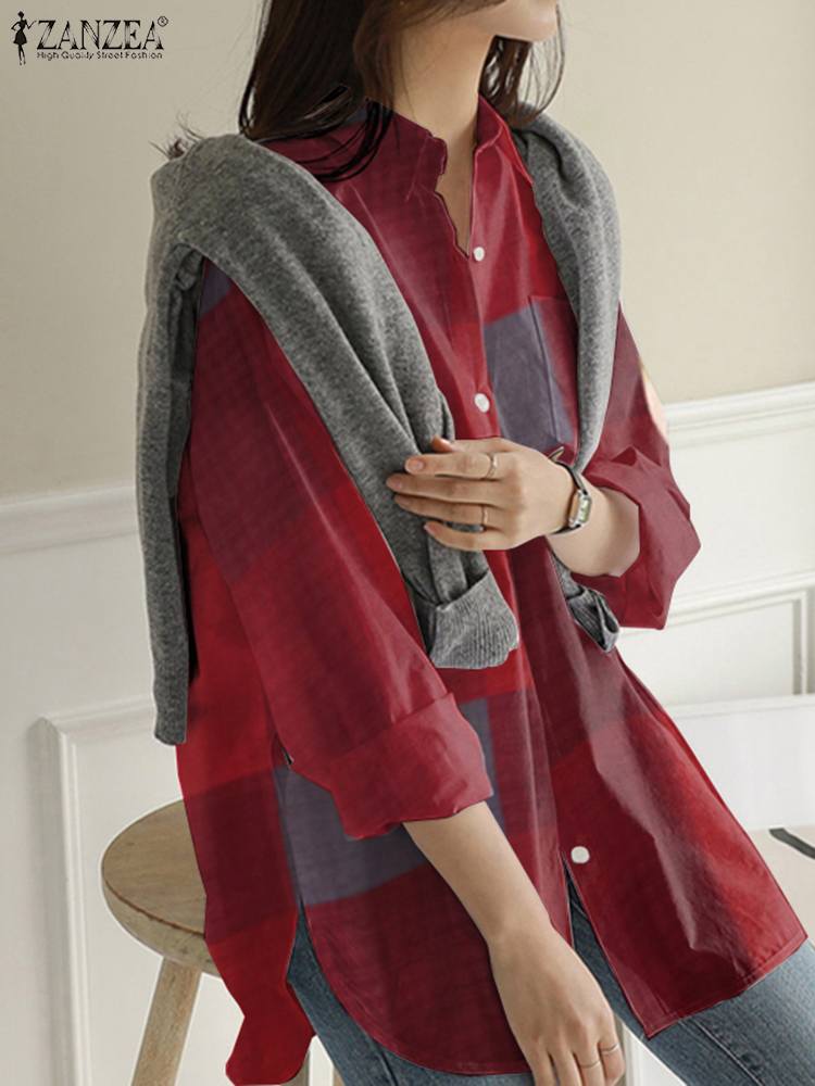 ZANZEA VintageแขนยาวBlusasผู้หญิงแฟชั่นไม่สม่ําเสมอเสื้อขนาดใหญ่หญิงสบายๆ 2024 ฤดูร้อนลายสก๊อตเสื้อ