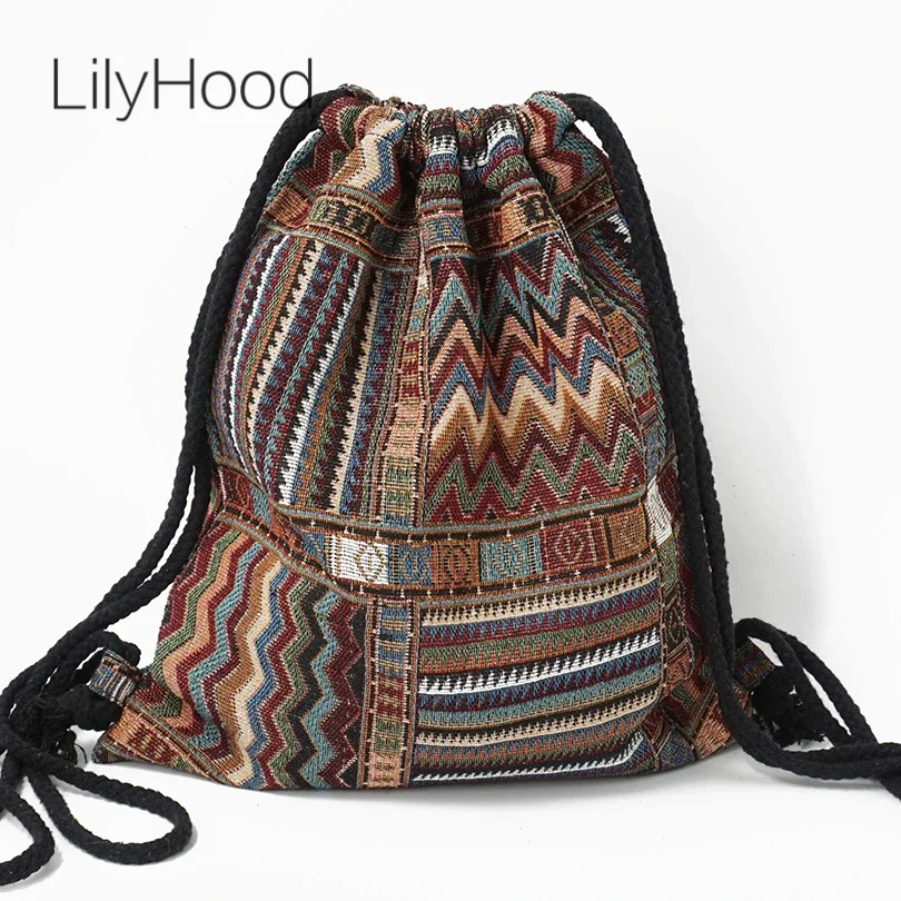 2022 Phụ Nữ Ba Lô Vải Nữ Gypsy Bohemian Boho Chic Aztec Ibiza Bộ Lạc Dân Tộc Tiểu Mềm Nâu Dây Rút Có Túi Túi