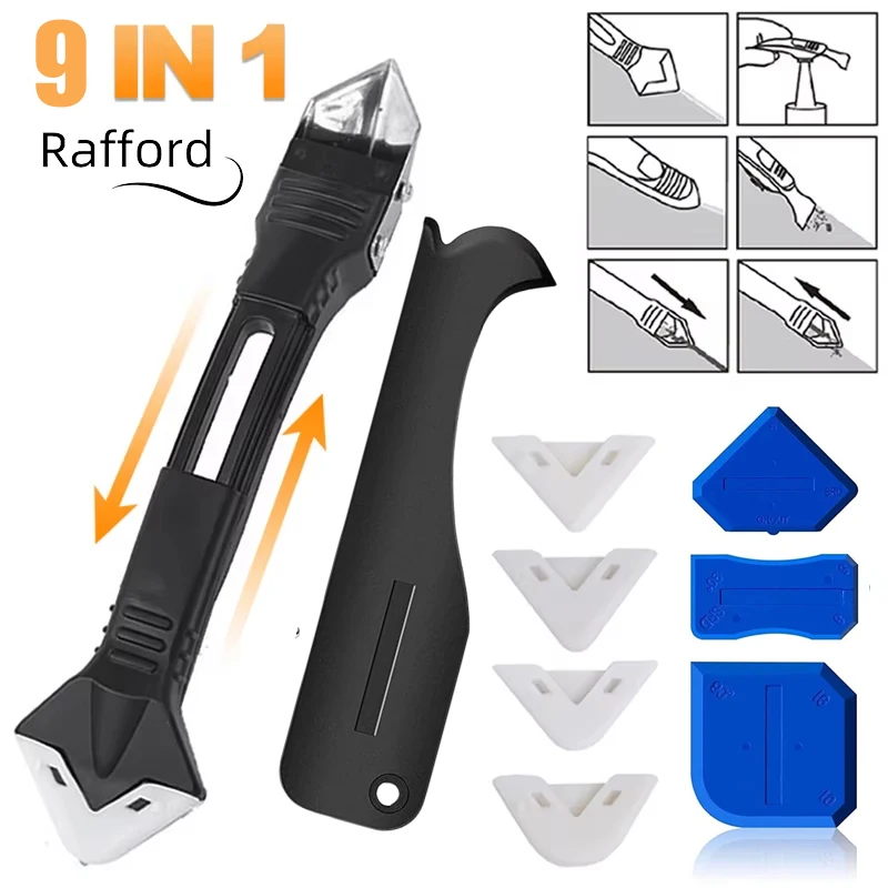 Dissolvant de Silicone 9 en 1, scellant, grattoir lisse, finition de calfeutrage, Kit de coulis, outils pour enlever le moule au sol, ensemble d'outils manuels 9 pièces