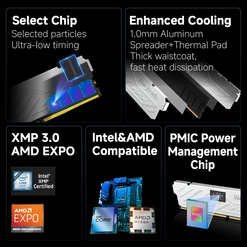 KingBank Silver DDR5 RAM 16GB / 32GB Kit (2x16GB) 6000MHz Overclocking Memória para jogos de mesa Intel XMP 3.0 e AMD Expo compatível