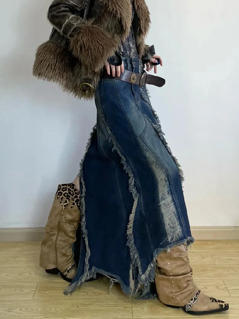 Falda vaquera Y2k Emo 2000s ropa falda larga Harajuku coreano 90s moda Vintage gradiente A-line Jean falda Grunge ropa