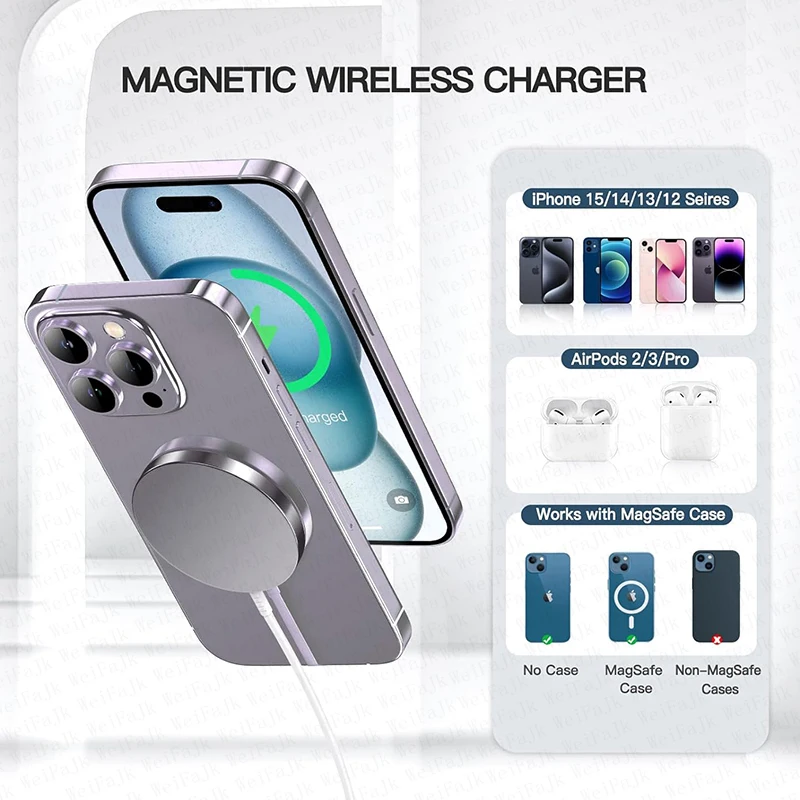 Оригинальное Беспроводное зарядное устройство Apple Magsafe для iPhone 16 15 14 13 12 11 Pro Max X XS XR 8 Plus, кабель с молнией для быстрой зарядки типа C