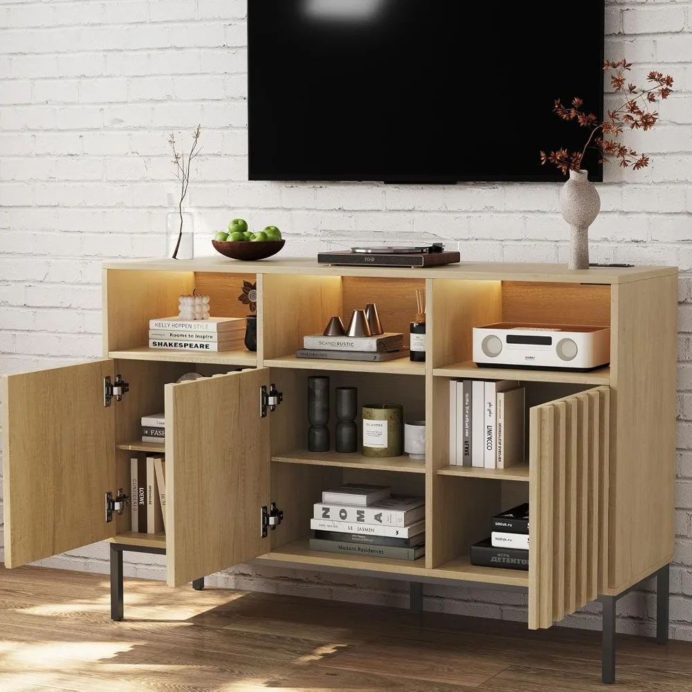 Storage Cabinet Buffet Cabinet with Storage, Fluted Sideboard Cabinet Coffee Bar, Accent Credenza with LED Light