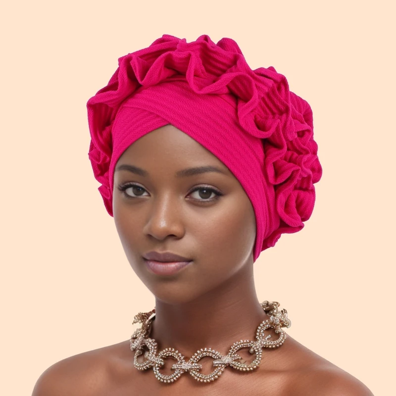 Boné turbante com babados para cabeça feminina, lenço macio e confortável, cor sólida