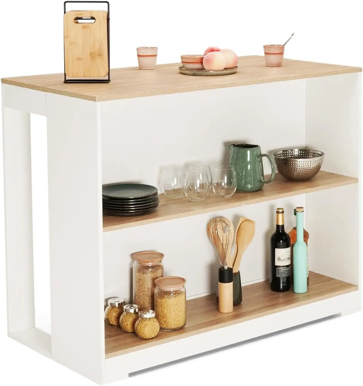 – Mesa de bar con isla Juno de madera blanca y bandeja con forma de haya