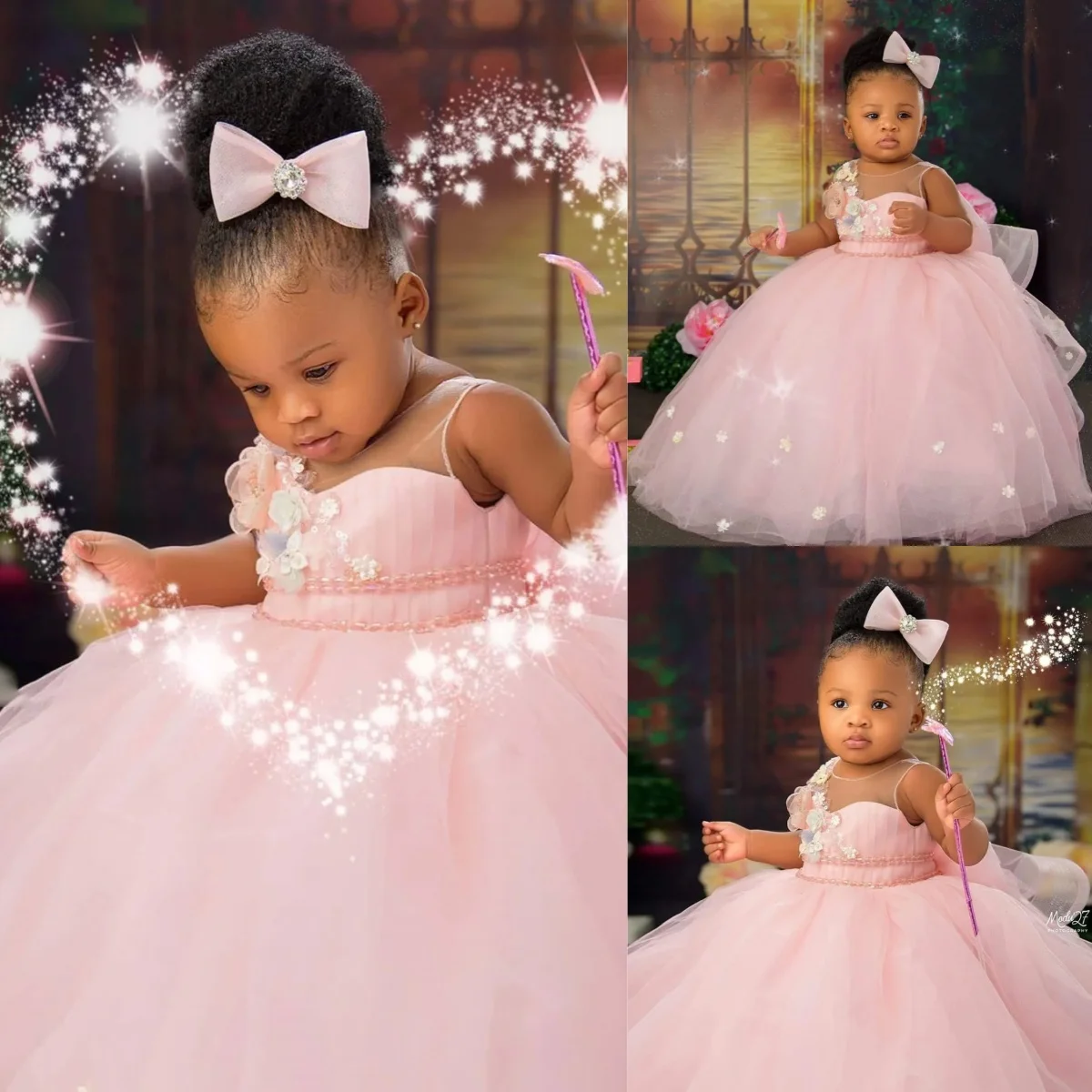Vestidos de niña de flores rosas para boda, vestido Formal de primera comunión de princesa para fiesta de cumpleaños de niña sin mangas Floral 3D personalizado