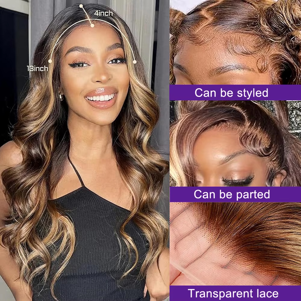 Körperwelle Highlight Perücke Echthaar Ombre Honigblond P4/27 Perücke 13x4 Transparente Lace Front Perücken Echthaar 3-5 Tage Lieferung