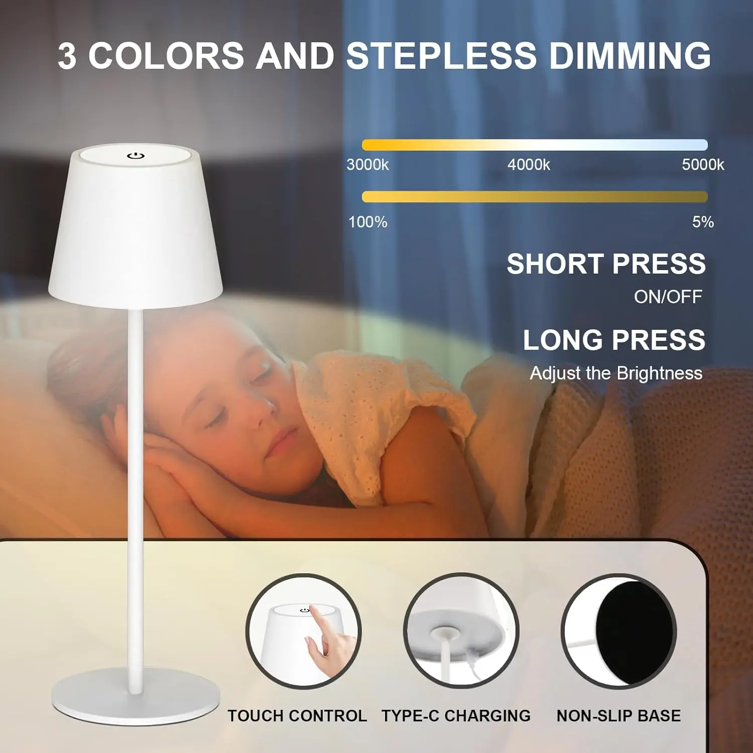 Lampada da tavolo a LED Wireless ricaricabile, Dimmer Touch 3000K/4000K/5000K, lampada da tavolo portatile, per interni/esterni, ristorante/camera da letto