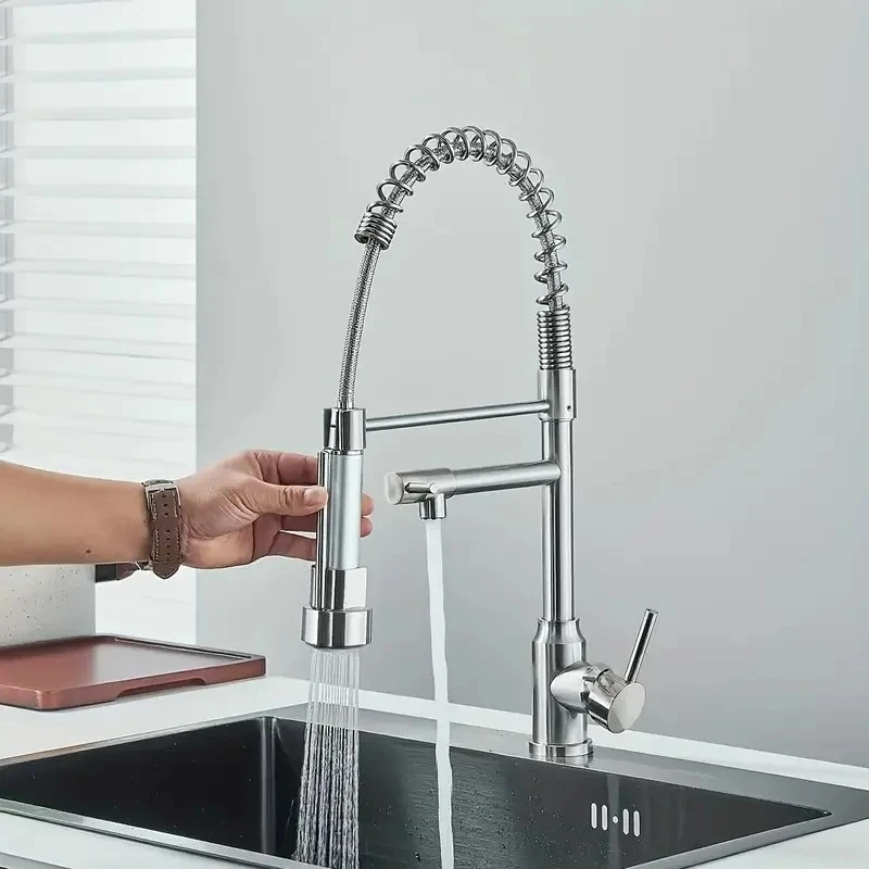 Rubinetto da cucina nero/argento/cromato con spruzzatore a strappo, rubinetto miscelatore acqua calda e fredda con montaggio su piano, rubinetto a doppio beccuccio, gru