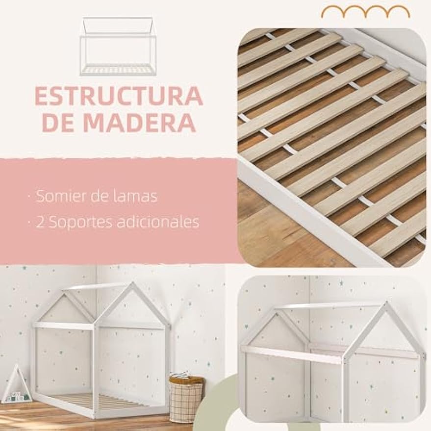 Cama Individual 90x190 cm Estructura de Cama Somier de Madera en Forma de Casa Carga 120 kg para Dormitorio