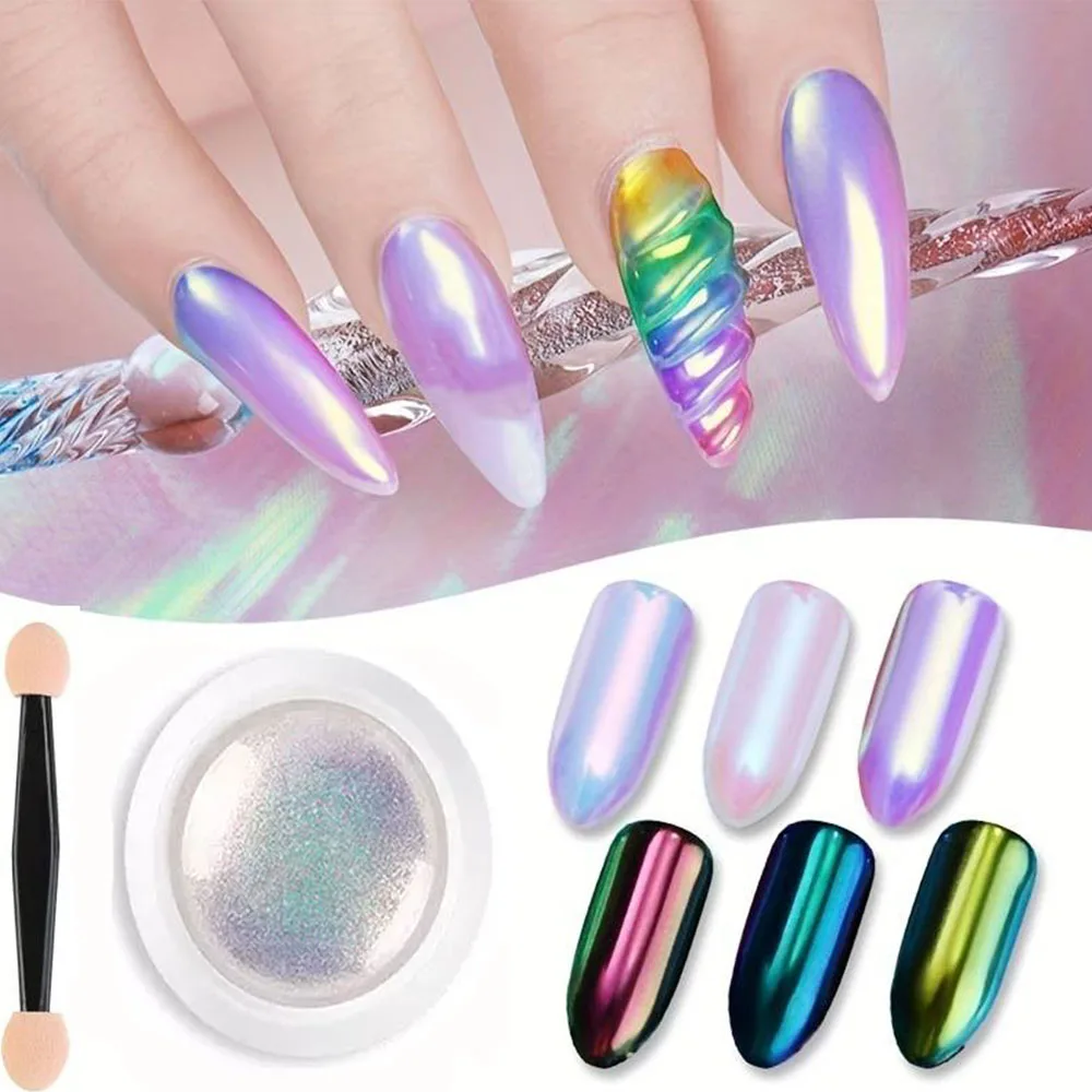 1 tarro de polvo para uñas con efecto perla, espejo Aurora cromado, sirena, polvo artístico para uñas, arcoíris AB, espejo mágico, suministros de polvo de concha de perla