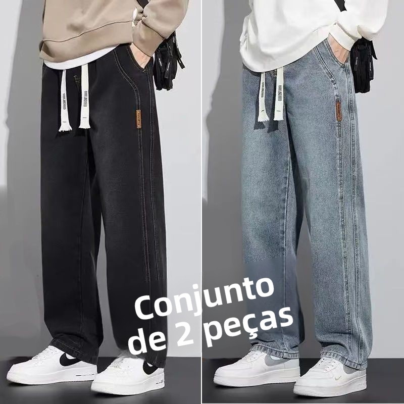 Calças Jeans Versáteis de Perna Reta para Homens, Marca Moderna, Largura ande, Calças Longas Soltas, Estilo Casual e Resist...