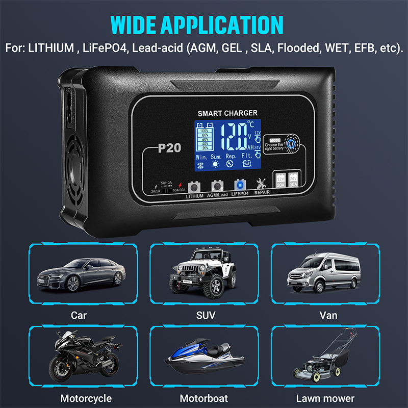EAFC 10A/15A/20A 車のバッテリー充電器 12V 24V スマート充電器鉛酸 PB AGM LiFePO4 バッテリー自動オートバイ充電器