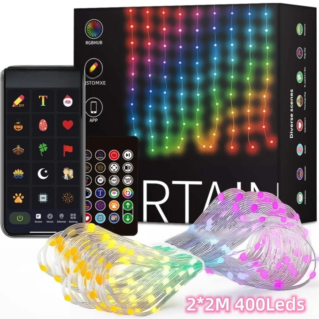 400LED Smart Curtain Lights Bluetooth App LED String RGB USB Fairy Lights DIY Music Change Display for Window Bedroom Decoration