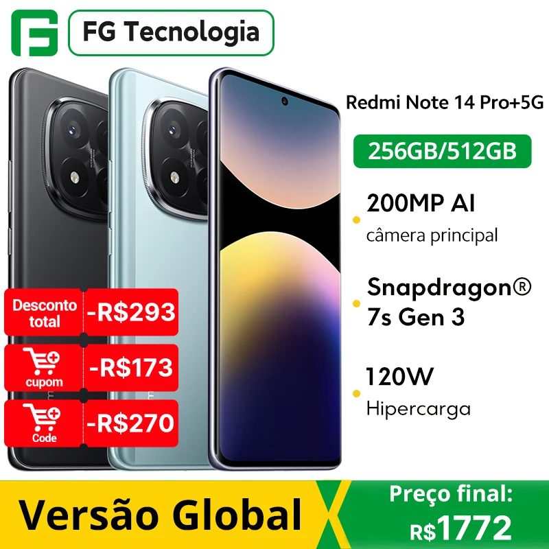 Xiaomi Redmi Note 14 Pro Plus 5G versão global Smartphone 200MP câmera AI Snapdragon ®   7s Gen 3 120W HyperCharge 120Hz