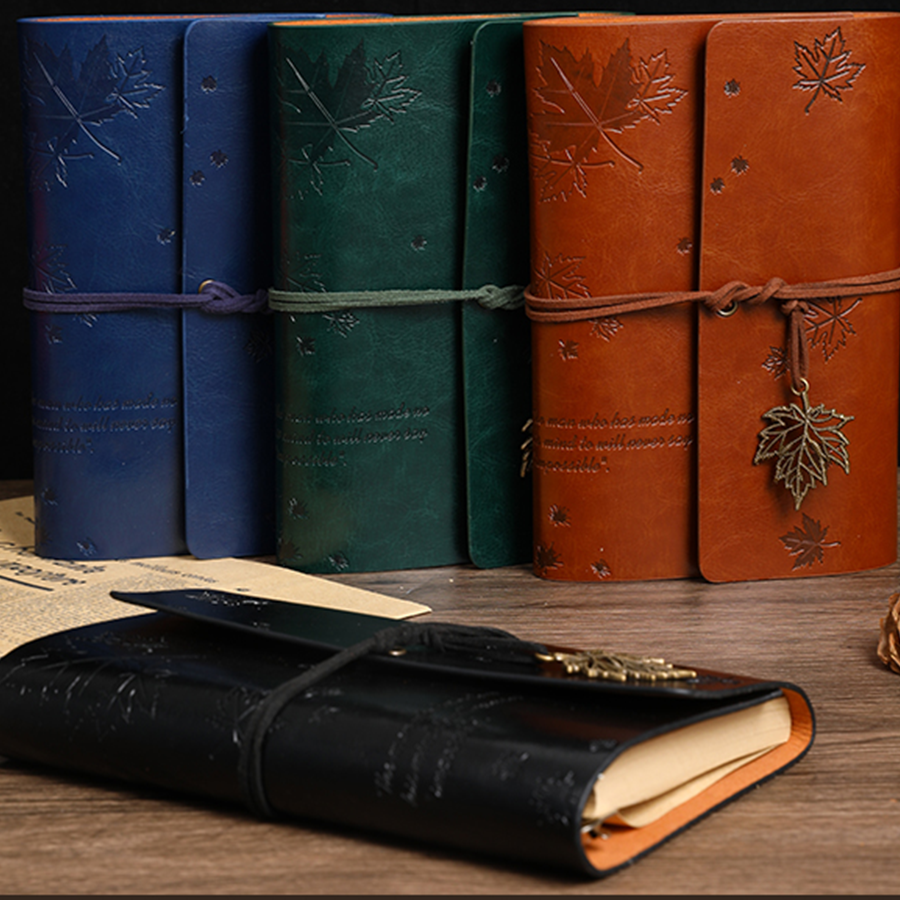 Nostalgisches Fallen Leaf Spiralring-Tagebuch, Vintage-Ledereinband, personalisierter Reise-Ordner mit Kraftpapier und Schutzhülle
