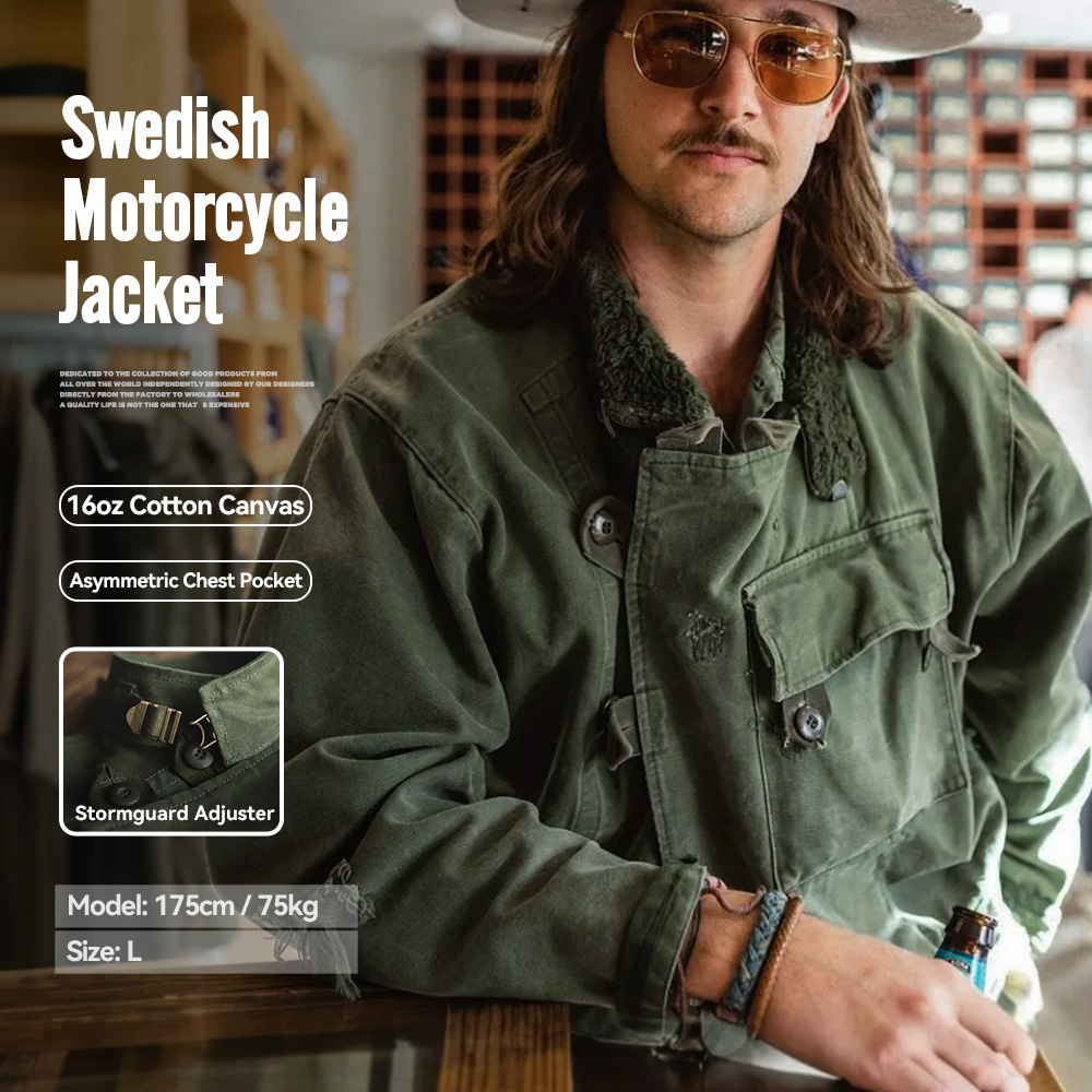 Maden Retro 16oz canvas Zweedse motorfiets groene jas zak bomberjack casual jacht werk uitloper voor heren lente en herfst