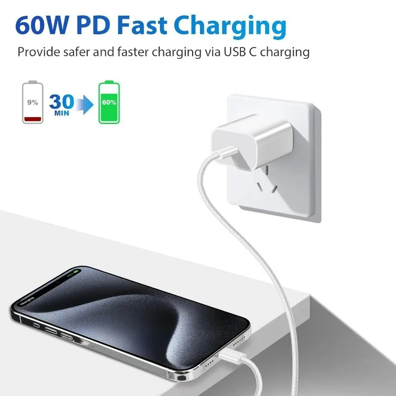 VIKEFON Cable USB C a USB C 60W Cable cargador de carga rápida compatible con carga rápida para iPhone 16 15 Samsung Xiaomi Huawei, etc.