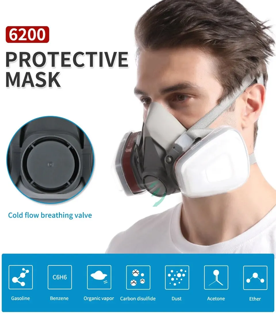 Original 6200 respirador reutilizável meia face capa máscara de gás com óculos à prova de nevoeiro para pintura spray polimento trabalho segurança fumaça