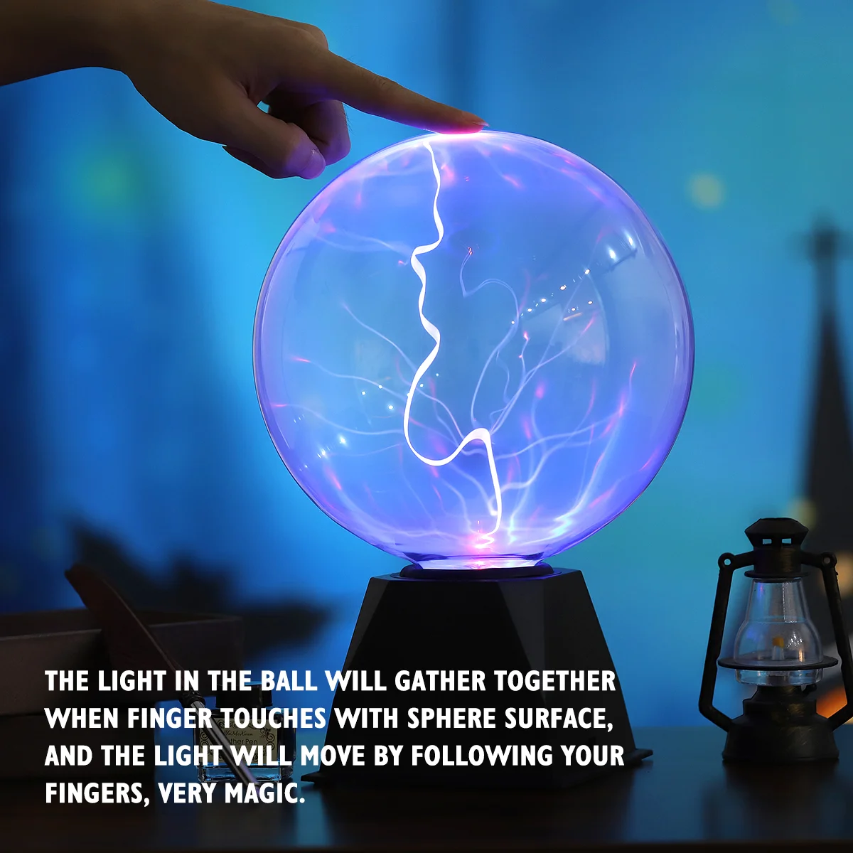 8นิ้ว Sensitive โคมไฟพลาสม่าเสียง Sensitive Sphere Globe Novelty สำหรับเด็กพร้อมปลั๊ก (สีฟ้า