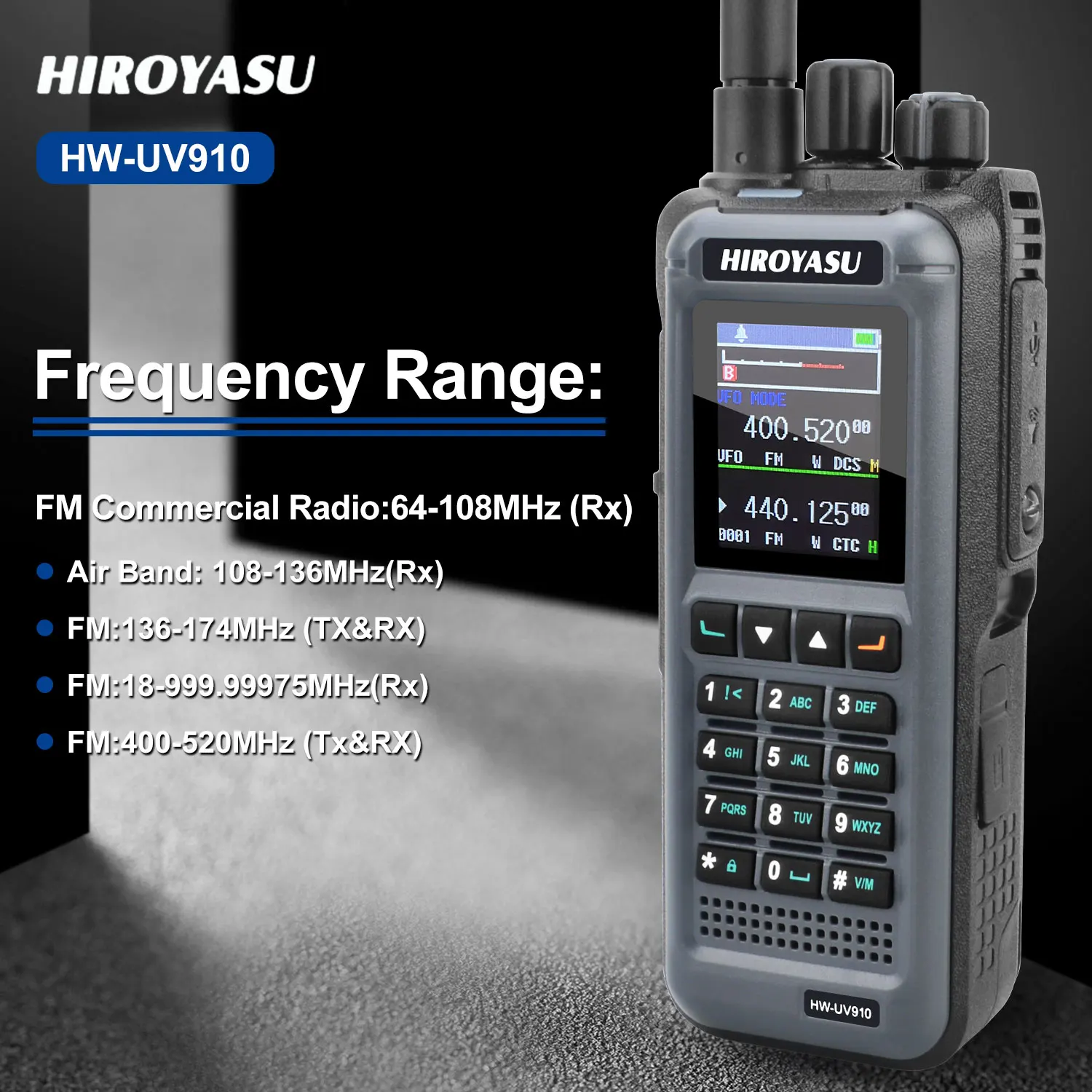 HIROYASU Walkie Talkie HW-UV910 2M 70CM VHF UHF banda Dual 20W 1024Ch Scrambler 18-999.99975MHz banda aérea Rx DTMF 1750 tono NoAA