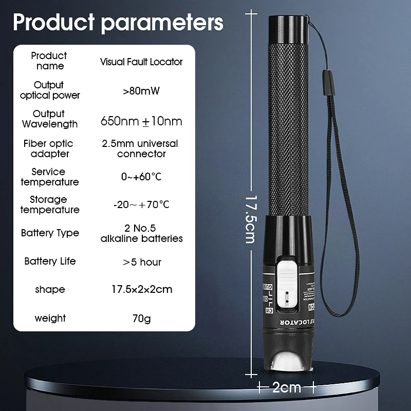 เครื่องมือทดสอบสายไฟเบอร์ออปติก FTTH 80mW Visual Fault Locator คุณภาพสูง ปากกาทดสอบสายเคเบิลใยแก้วนำแสง VFL พร้อมหัวต่อ SC/FC/ST ขนาด 2.5 มม.