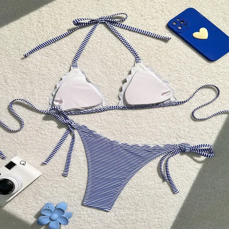 Maillot de bain imprimé rayé bleu, triangle, micro, bikini, ensemble deux pièces, mini string, sexy, col licou, string, pour femmes