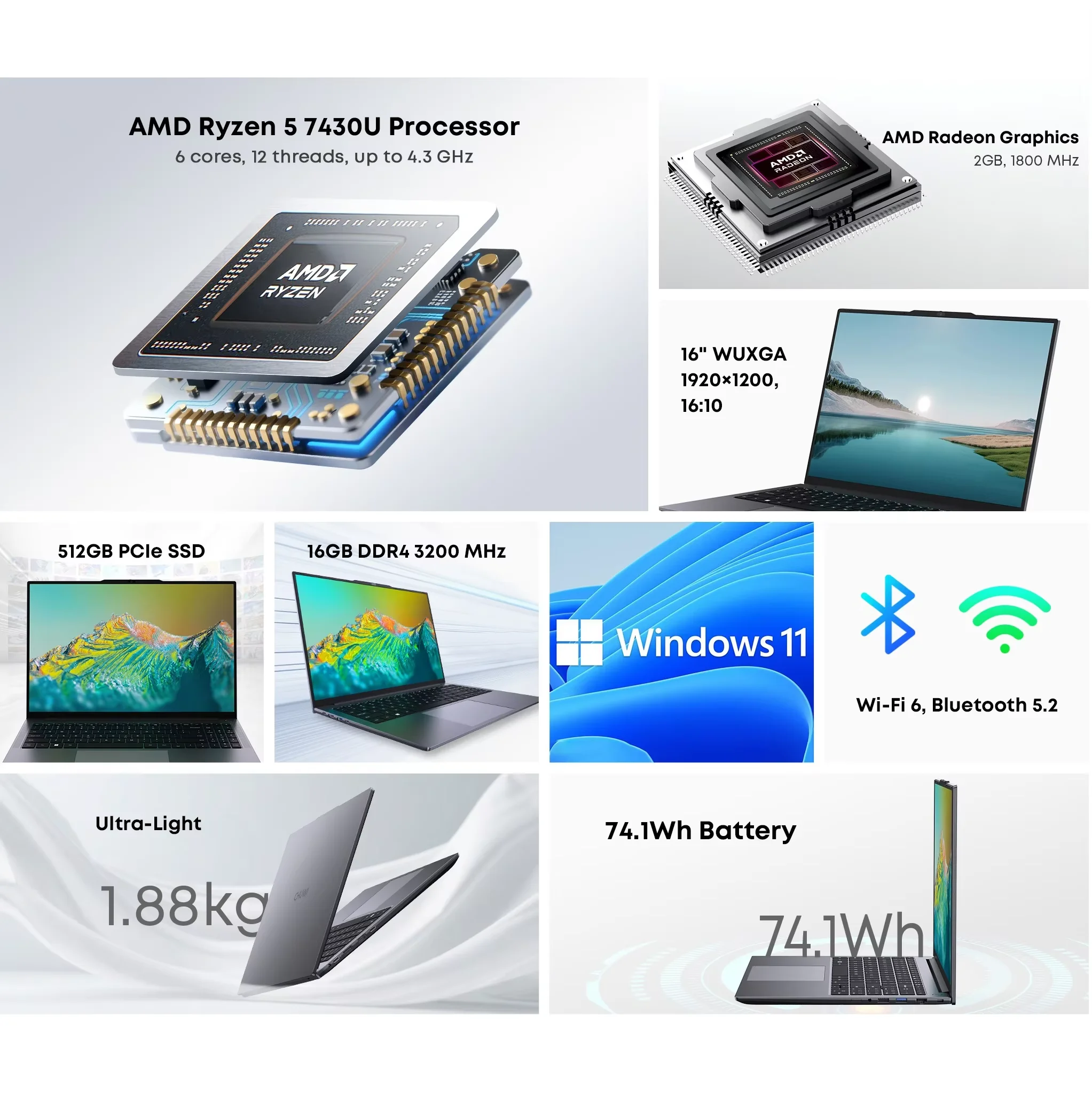 CHUWI CoreBook Plus ノートパソコン AMD R5-7430U 16GB DDR4 RAM 512GB SSD 16インチ FHD 画面 6コア ゲーミングノートパソコン 最大4.3GHz Windows11