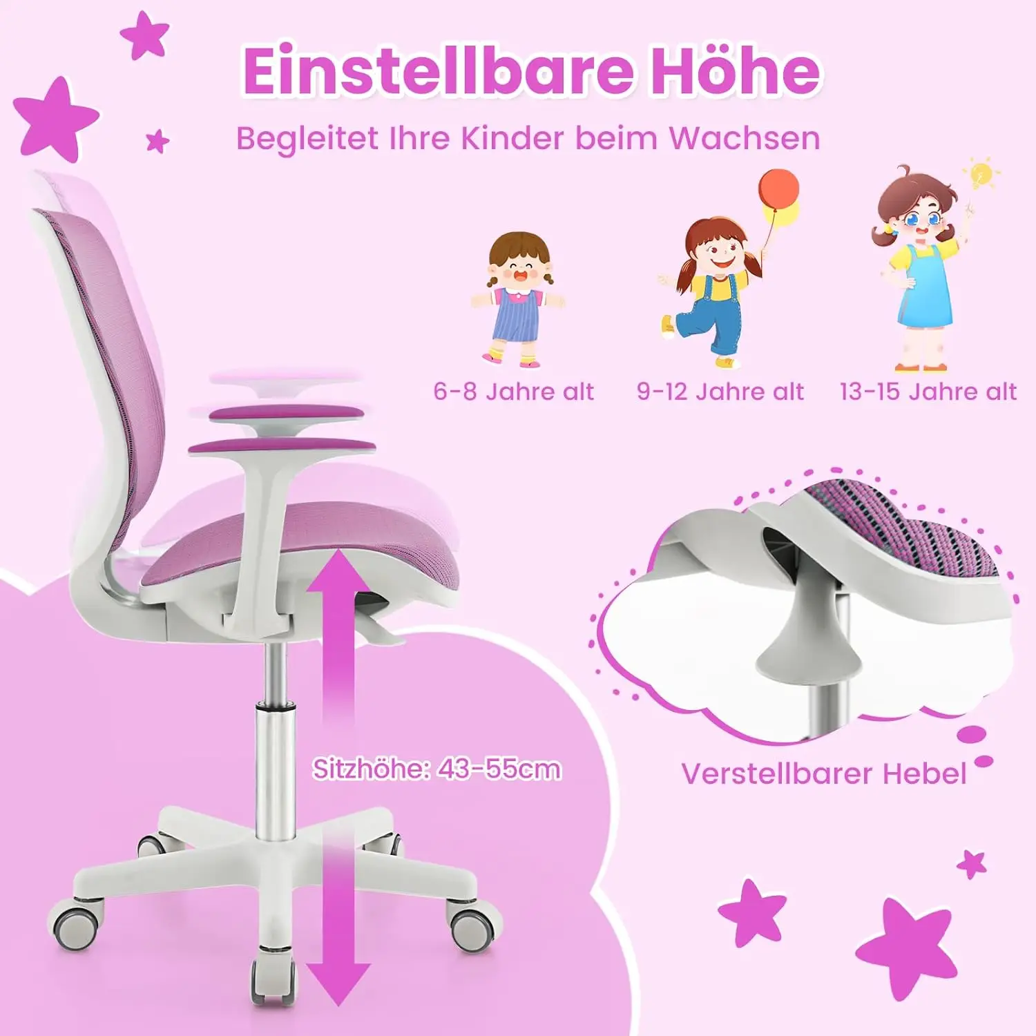 Kinderschreibtischstuhl 360° °   Drehbar, Sitzhöhe 43–55 cm, höhenverstellbar, mit Rückenlehnen für Kinder ab 6 Jahren