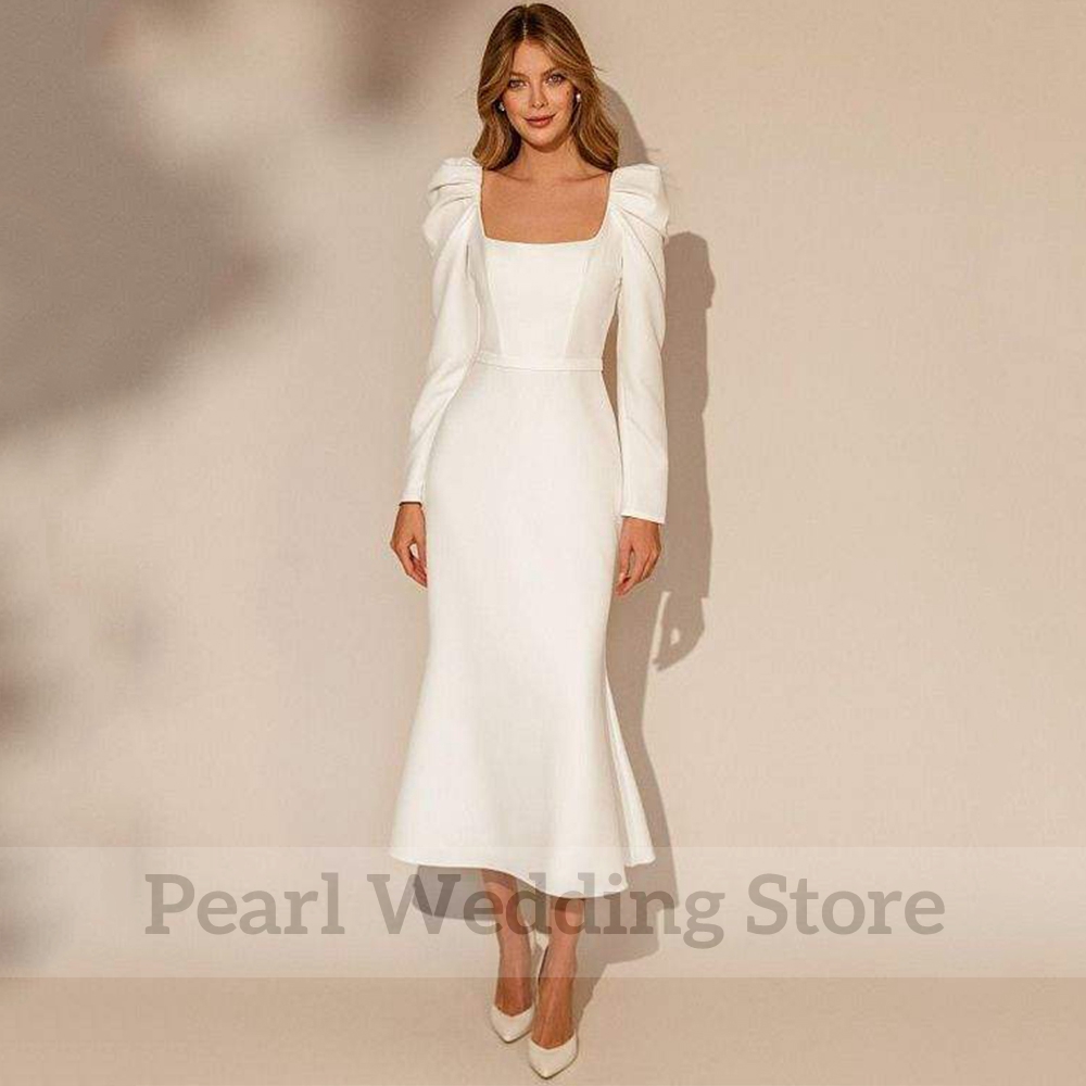 Vintage Square Collar Long Sleeve Wedding Dress with Belt Open Back Mermaid Mid-Calf Bridal Customized Civil Marriage Gowns