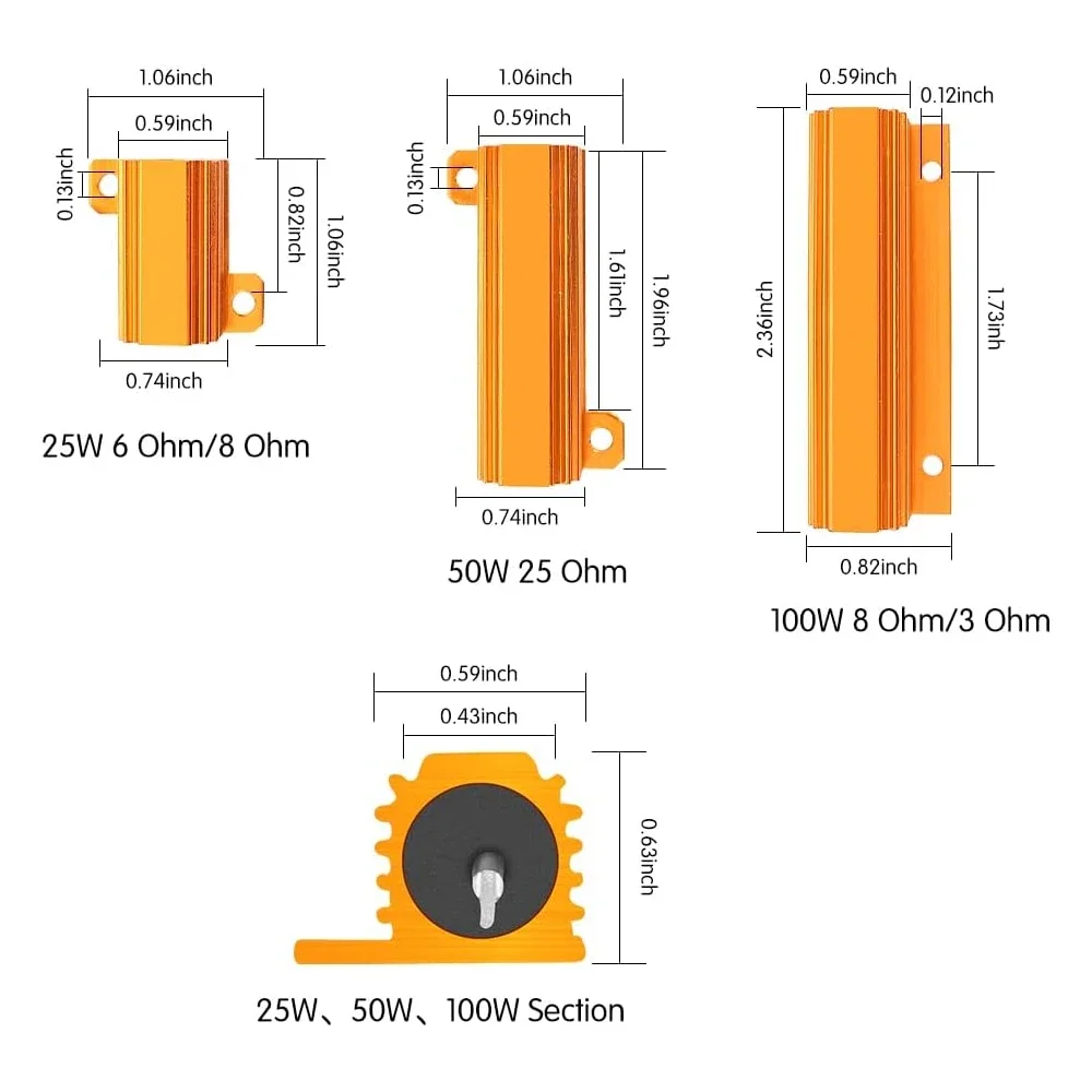 2 uds 10W 25W 50W 100W potencia de aluminio 0,1 ~ 1K ohm carcasa de Metal resistencia bobinada resistencia de carga 0,1ohm 3ohm 50ohm