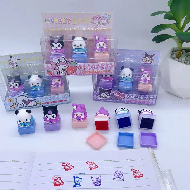 Sanrio-sello de diseño de muñeca de dibujos animados creativos para niños, lindo sello de cuenta de mano divertido para estudiantes, regalo de guardería, paquete de 3