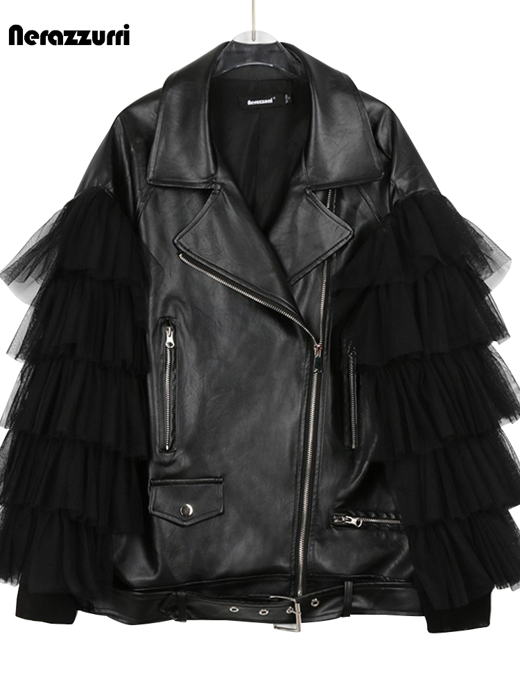 Nerazzurriฤดูใบไม้ผลิฤดูใบไม้ร่วงหลวมสีดําเสื้อหนังFauxผู้หญิงลูกไม้แขนยาวซิปเข็มขัดหรูหราแฟชั่น 2022