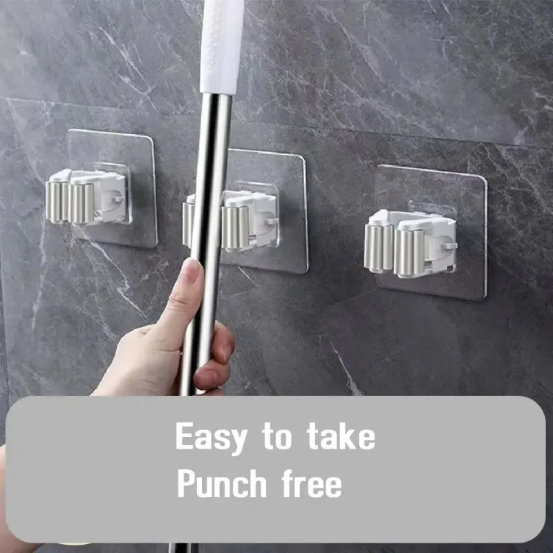 2/4 Uds. Estante para fregona sin perforaciones, gancho para fregona de almacenamiento, estante de pared para el baño del hogar, estante para escoba, Clip para fregona, accesorios de baño